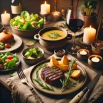 DALL·E 2024-12-15 14.33.36 - A cozy and elegant dinner setup showcasing a variety of recipes_ a grilled steak garnished with rosemary, a plate of roasted potatoes, a bowl of fresh