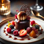 DALL·E 2024-12-29 15.41.24 - Un dessert gastronomique élégant présenté sur une assiette blanche, comprenant un petit gâteau au chocolat fondant avec un cœur coulant, accompagné d'